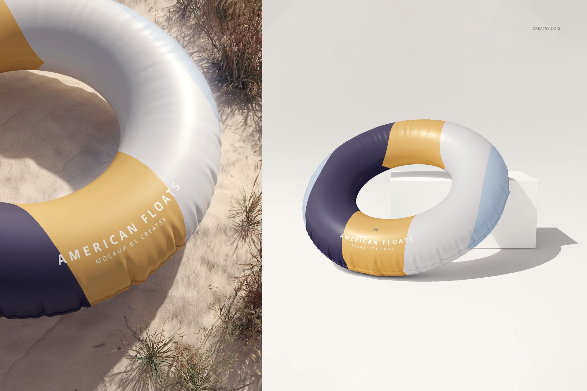 Color-blocked swim ring mockup featuring white, gold, and blue sections, displayed on sand and studio props.