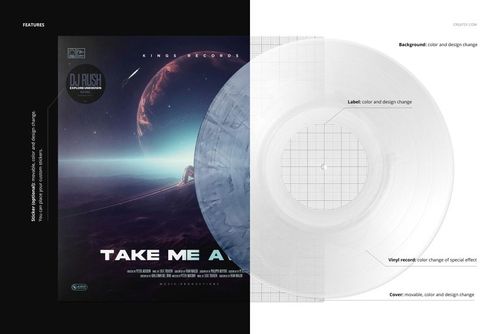 Front view of a vinyl record and cover mockup, featuring a cosmic-themed album design and transparent smoke effect.