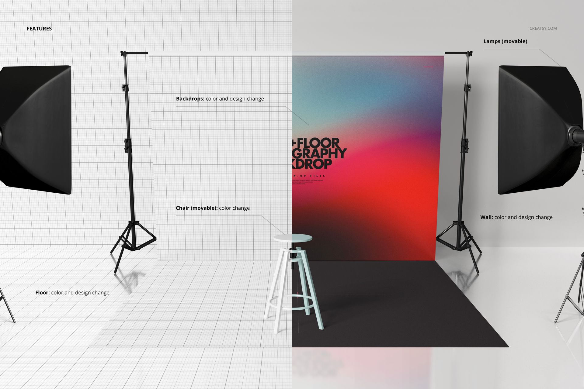 Photography backdrop mockup set with gradient wall, black floor, studio lamps, and a stool shown in a front view.