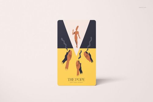 Front view of a tarot card mockup featuring stylized hands and a central figure, set against a pale surface.