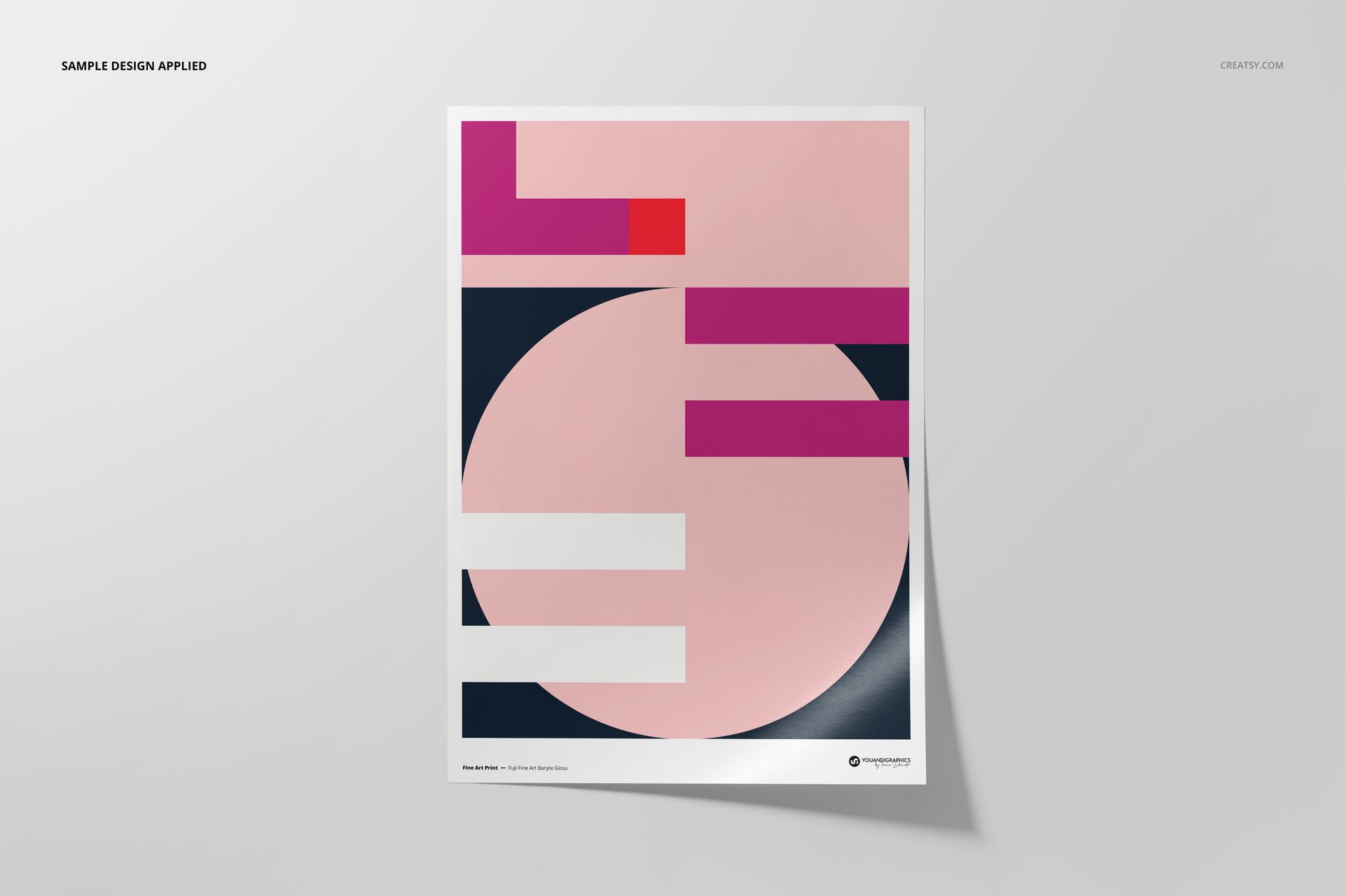 A3 fine art print mockup with a geometric abstract design in pink, magenta, white, and navy on a light background.