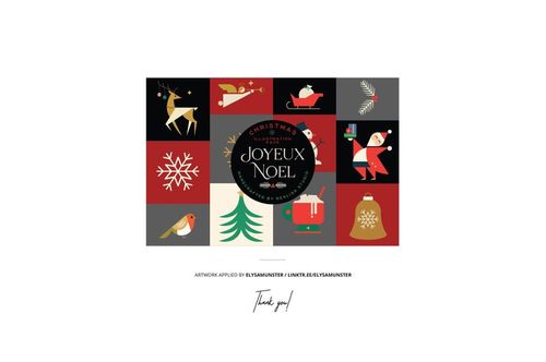 Christmas-themed bell wooden ornament mockup featuring festive illustrations in red, green, and beige squares.