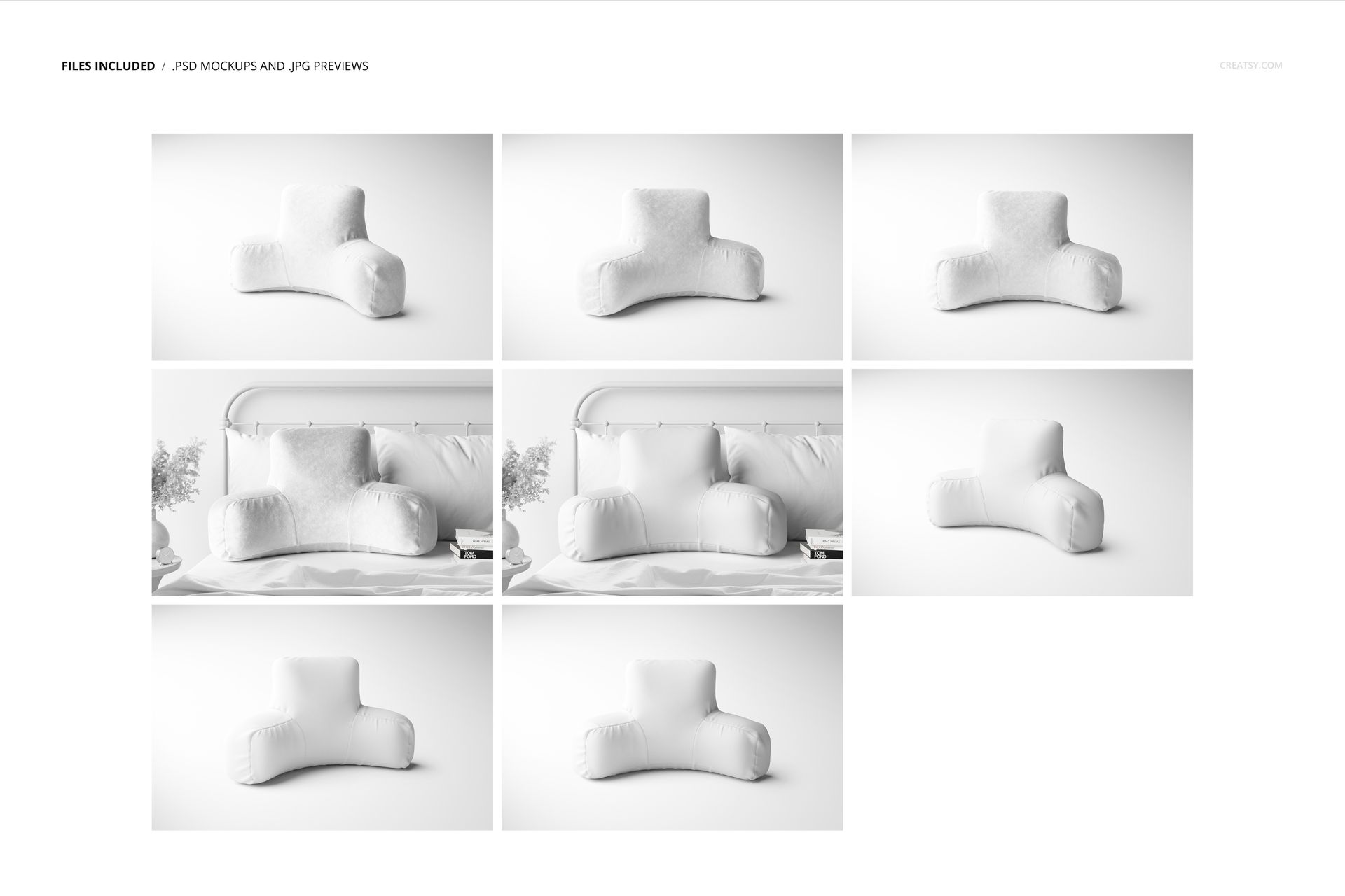 PSD mockup set featuring soft white reading pillows on a bed and isolated, highlighting different shapes and lighting.