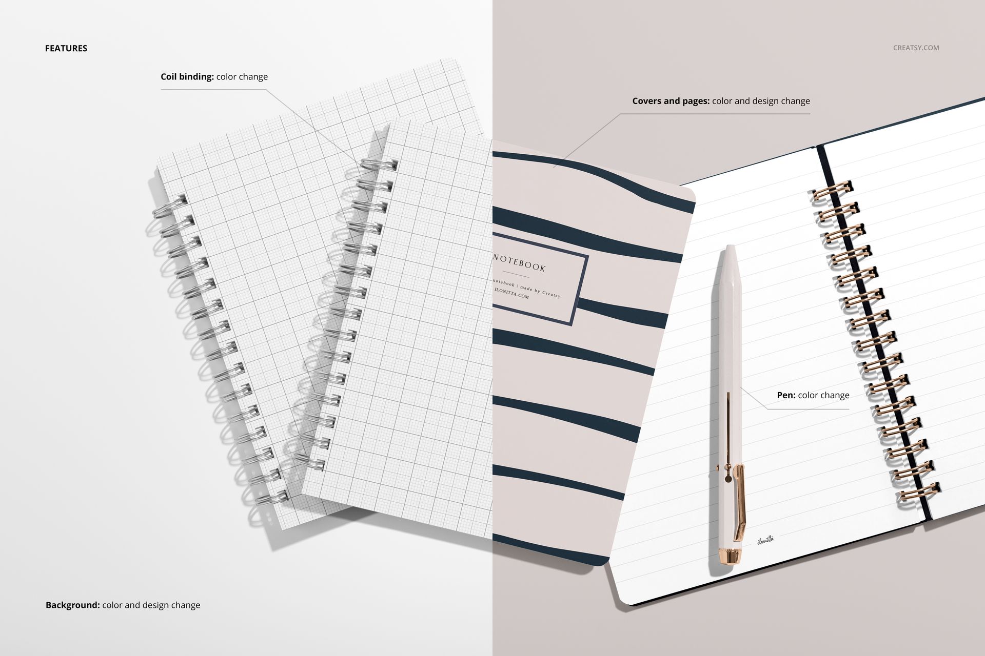 Little coiled notebook mockup set featuring editable backgrounds, spiral bindings, and customizable notebook designs.