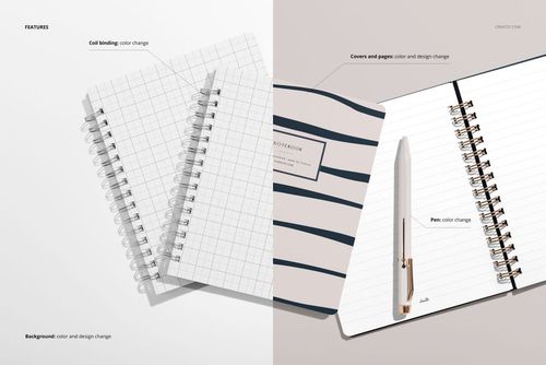 Little coiled notebook mockup set featuring editable backgrounds, spiral bindings, and customizable notebook designs.