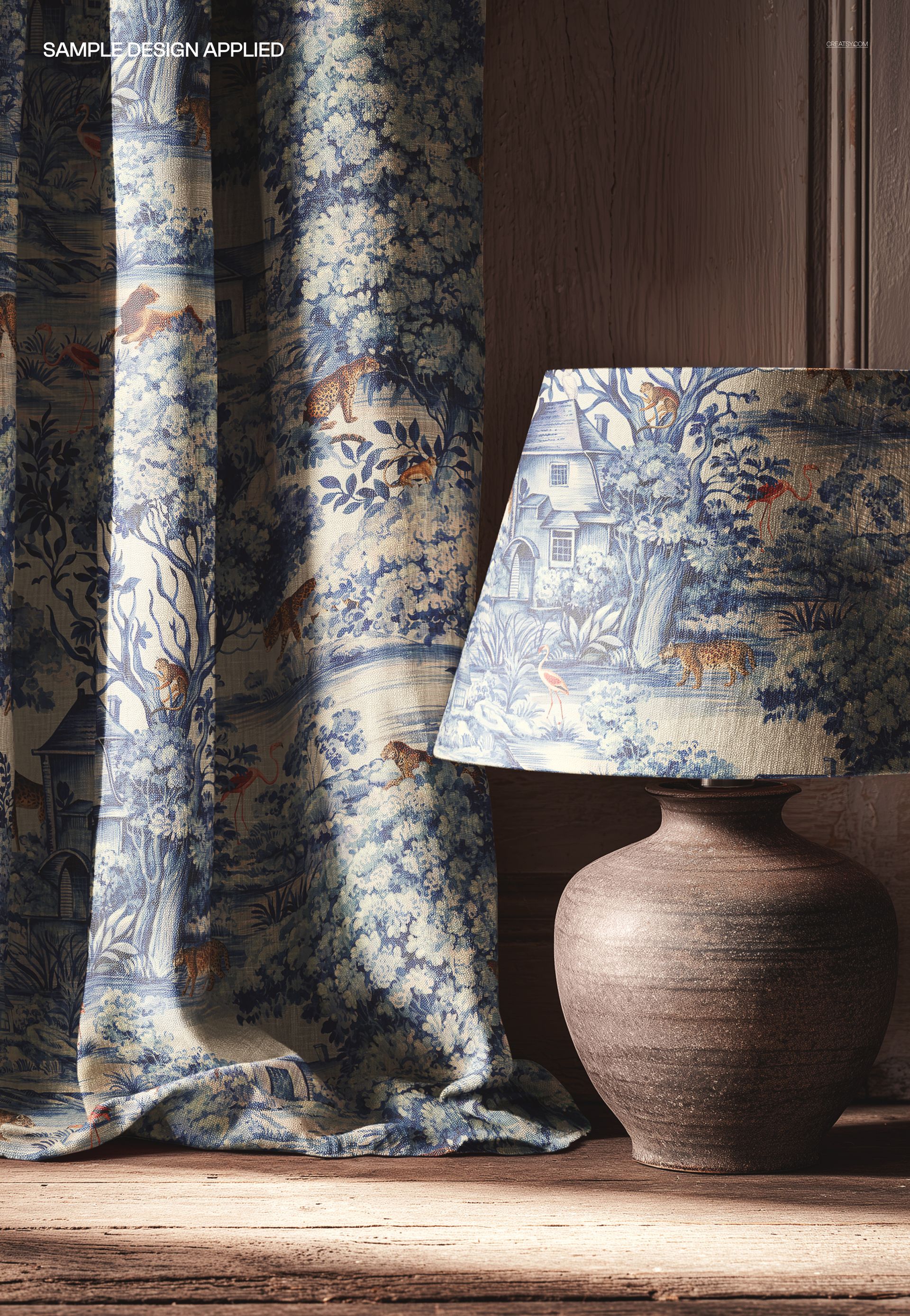 PSD mockup displaying a curtain and lamp with detailed forest and wildlife motifs, set against a wooden wall.