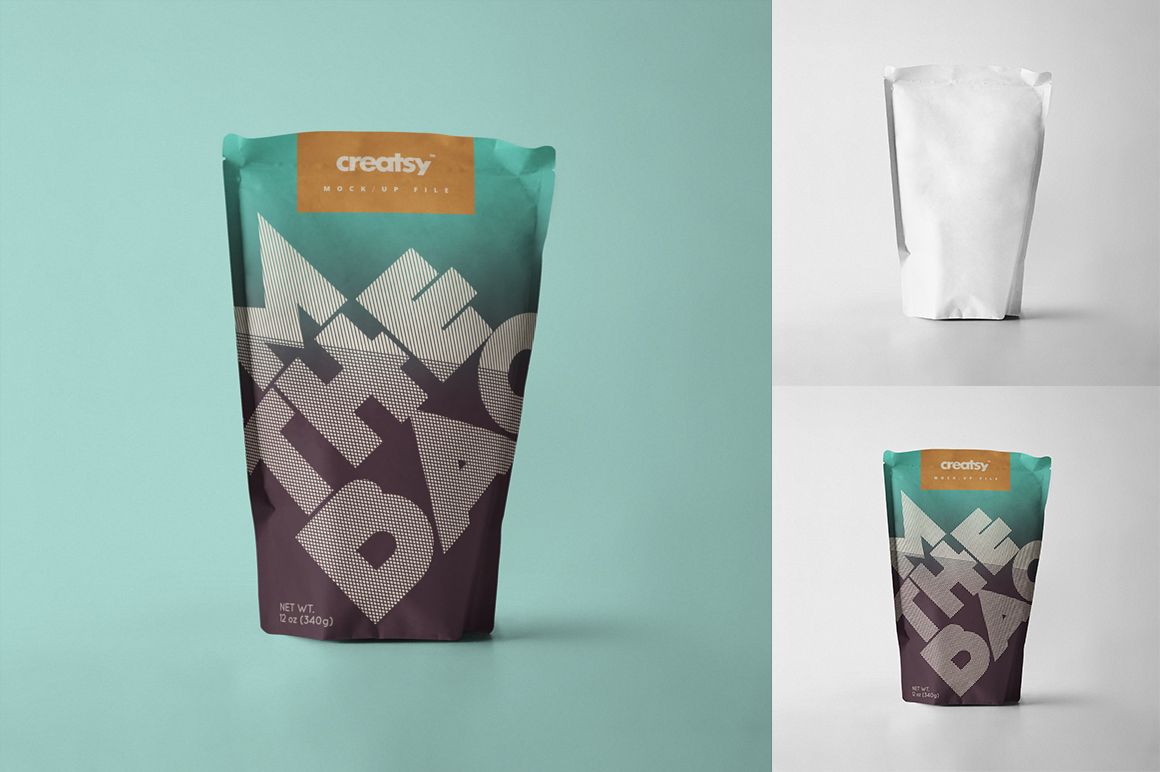 Front view of a paper bag packaging mockup with bold geometric design, teal and brown colors, and a flat base on a light blue background.
