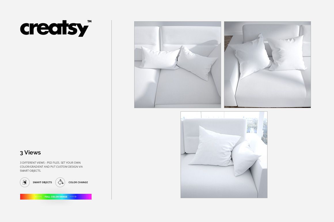 White pillow mockup set on a contemporary sofa, featuring soft shadows and a bright, minimalist living room scene.