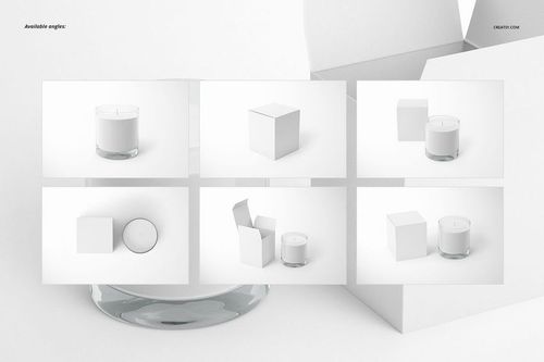 Set of six candle mockup scenes showing a round glass candle and a square box from various perspectives on a light background.