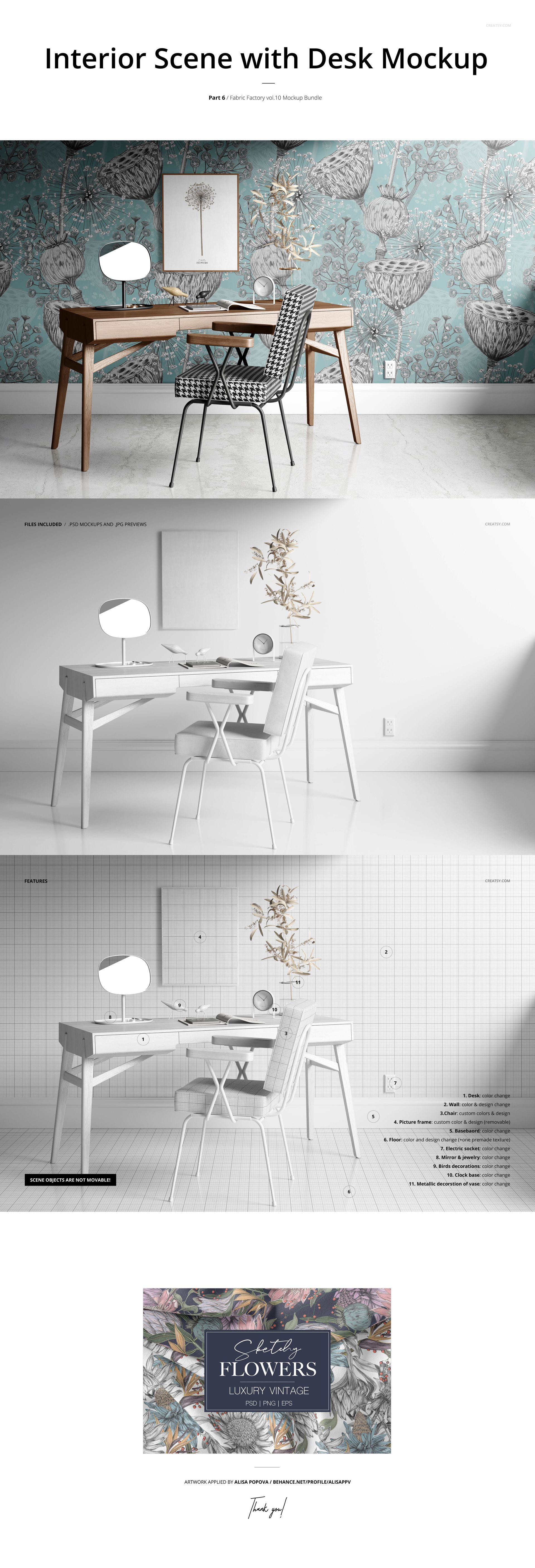 Front view of a home interior scene with a wooden desk, chair, decorative vase, and patterned wallpaper mockup.