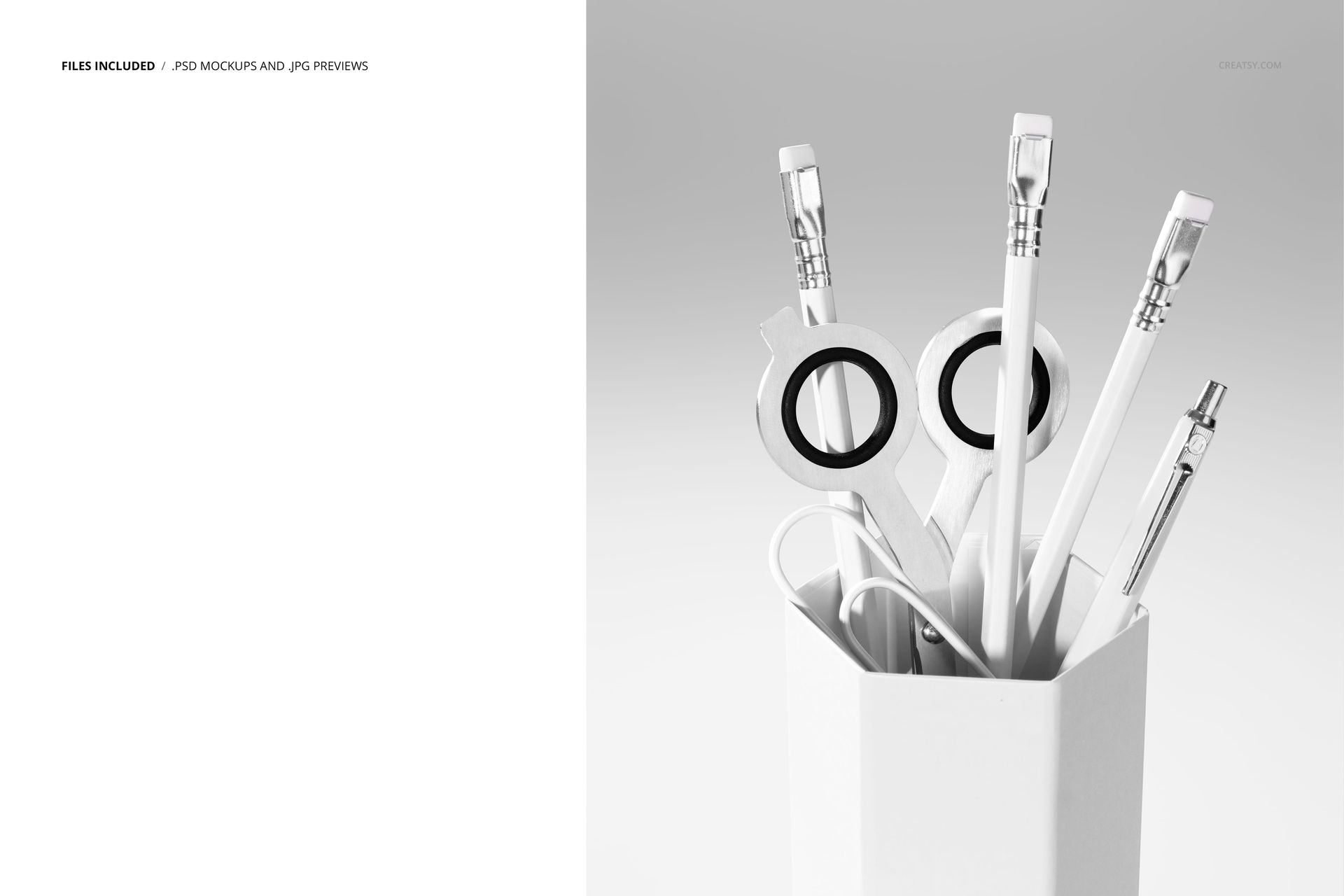 White stationery container with pencils, scissors, and a clip arranged neatly, shown in a PSD mockup scene.