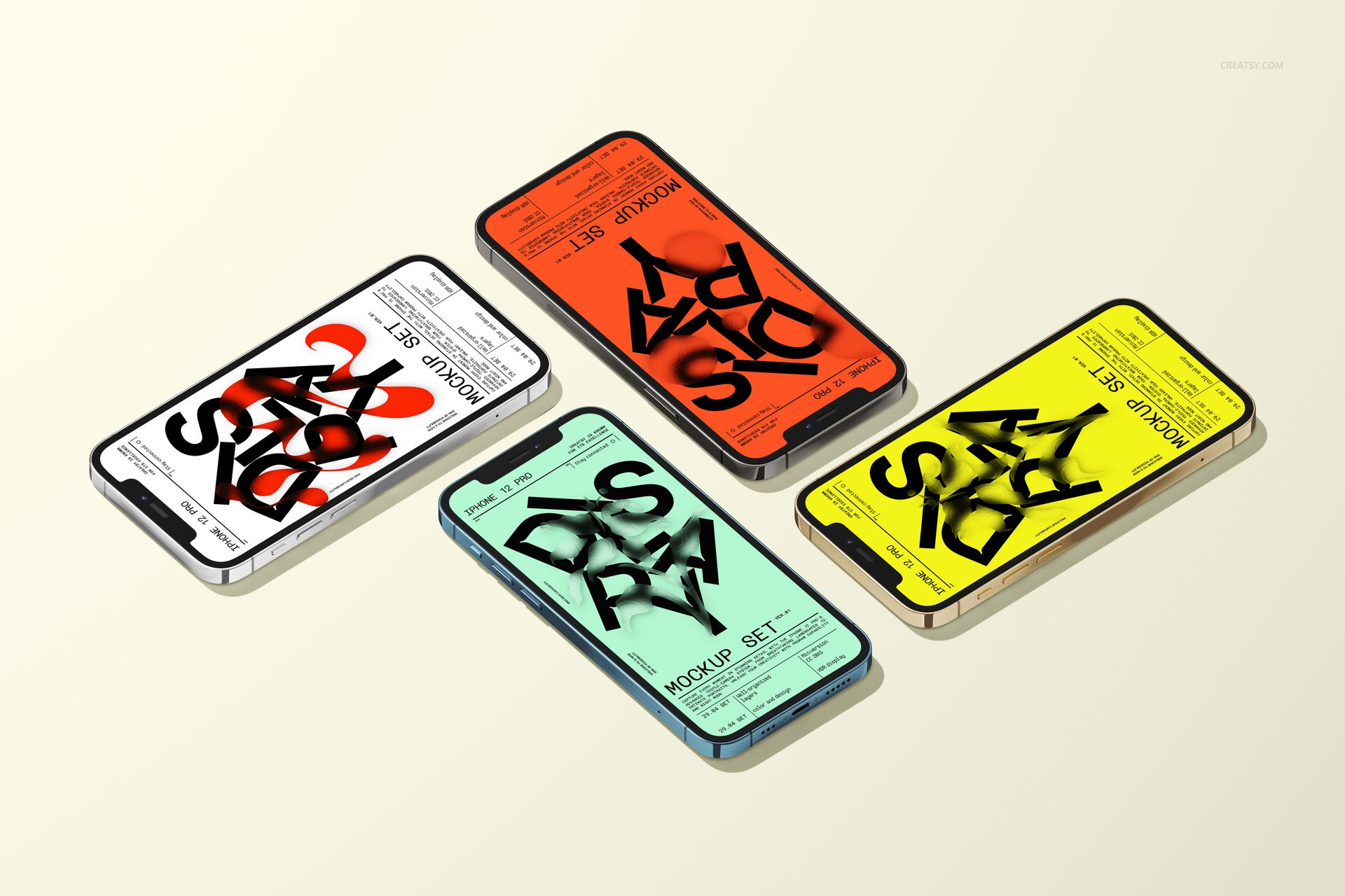 Four iPhone 12 Pro devices displayed from a top view, each screen showing colorful mockup designs on a light background.