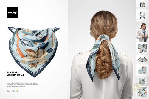 Silk scarf mockup featuring a square scarf with floral and abstract patterns in blue and beige, shown tied around hair.