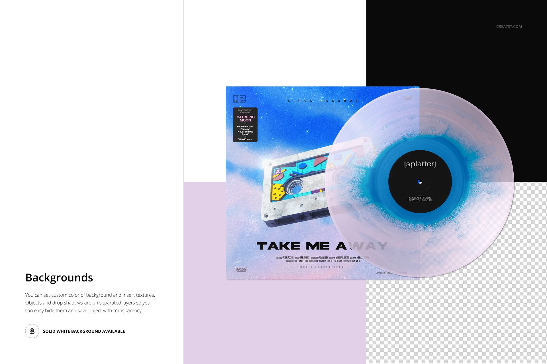 Front view of a vinyl record with a translucent splatter effect placed on a colorful cover, displayed in a PSD mockup scene.