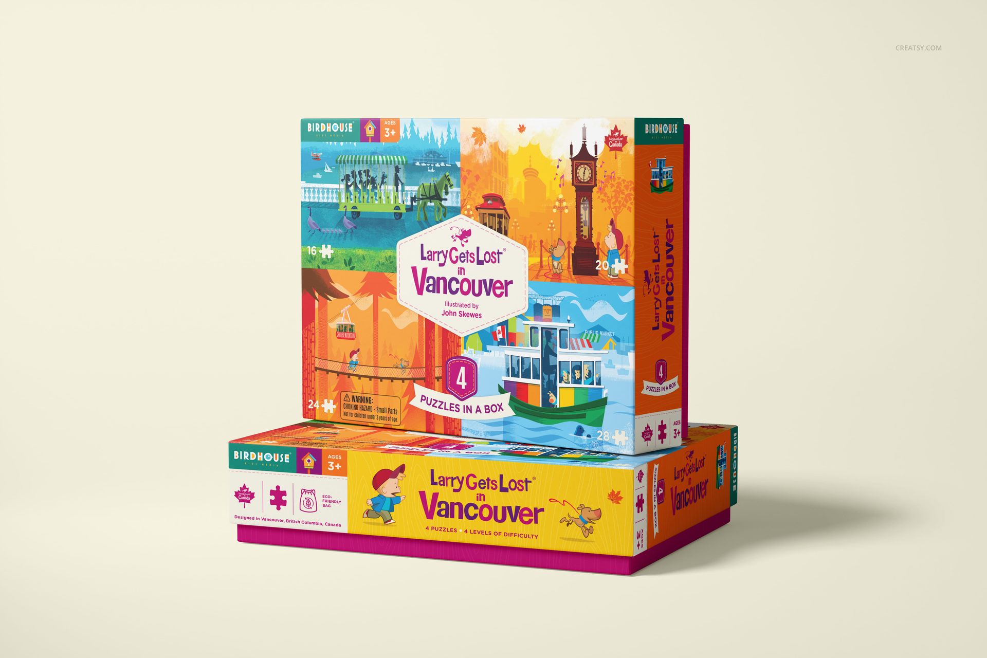 Two colorful puzzle game boxes with illustrated city scenes and playful graphics, shown in a front and angled view.