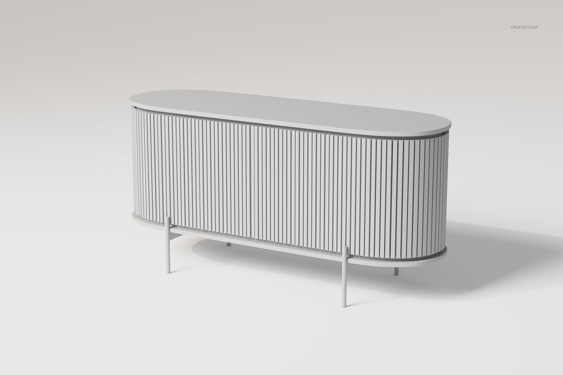 Scandi console cabinet with rounded edges, vertical slat pattern, and light gray finish shown from a front angle.
