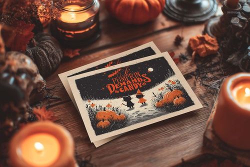 Two Halloween greeting card mockups featuring festive illustrations, surrounded by candles, pumpkins, and dried leaves.