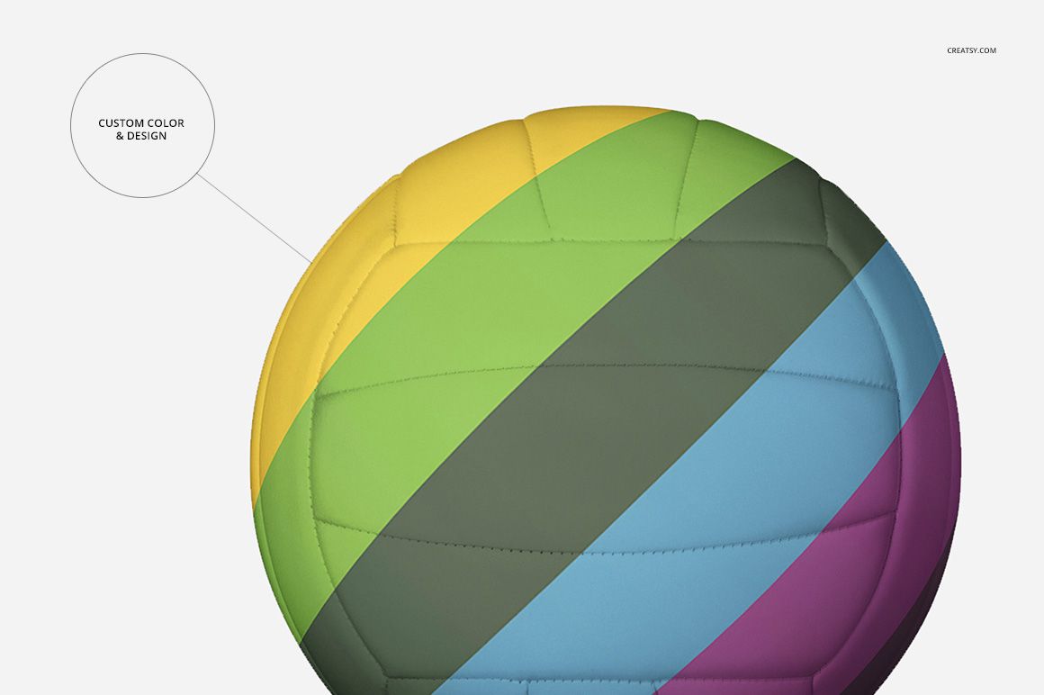 Volleyball ball mockup featuring vibrant diagonal stripes in multiple colors, shown from a front angle on white.