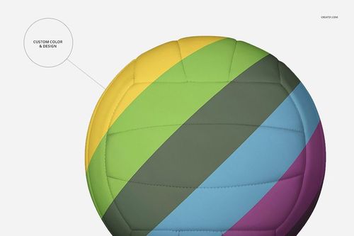 Volleyball ball mockup featuring vibrant diagonal stripes in multiple colors, shown from a front angle on white.