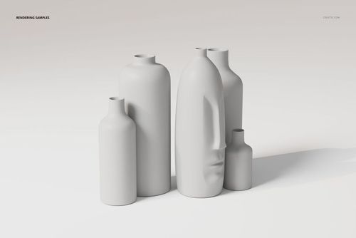 Front view of five minimalist sculptural vases in matte white, arranged on a neutral surface with soft shadowing.