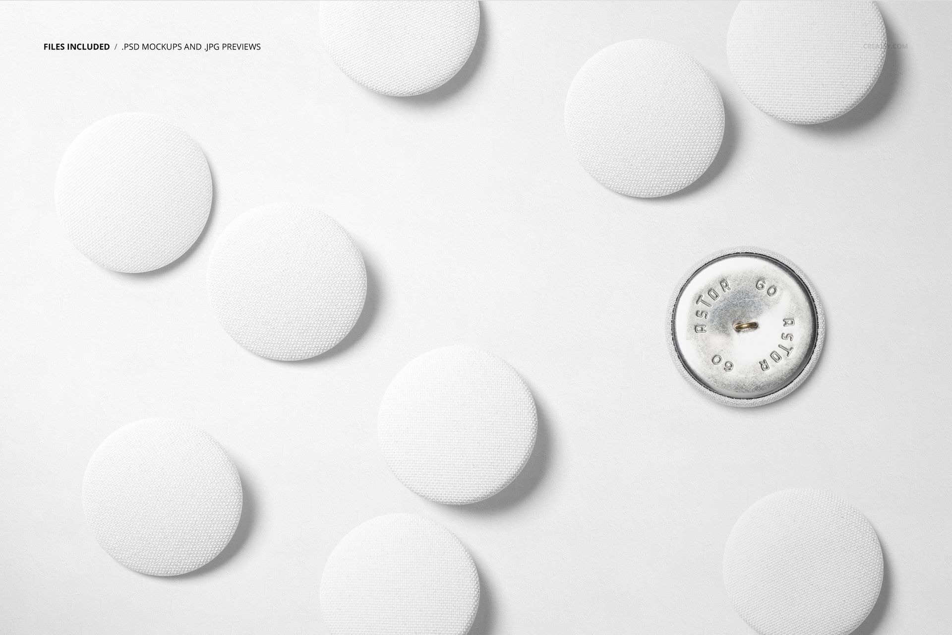PSD mockup featuring multiple circular white fabric buttons on a plain background, including a visible metal underside.