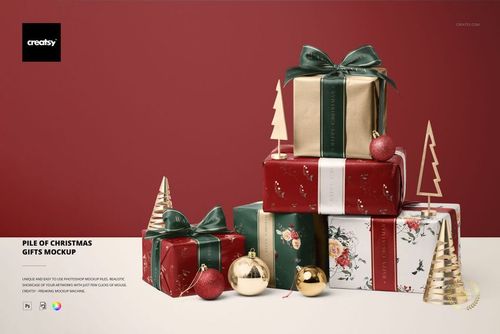 Front view of a Christmas mockup featuring five wrapped gift boxes with ribbon bows, baubles, and small decorative trees.