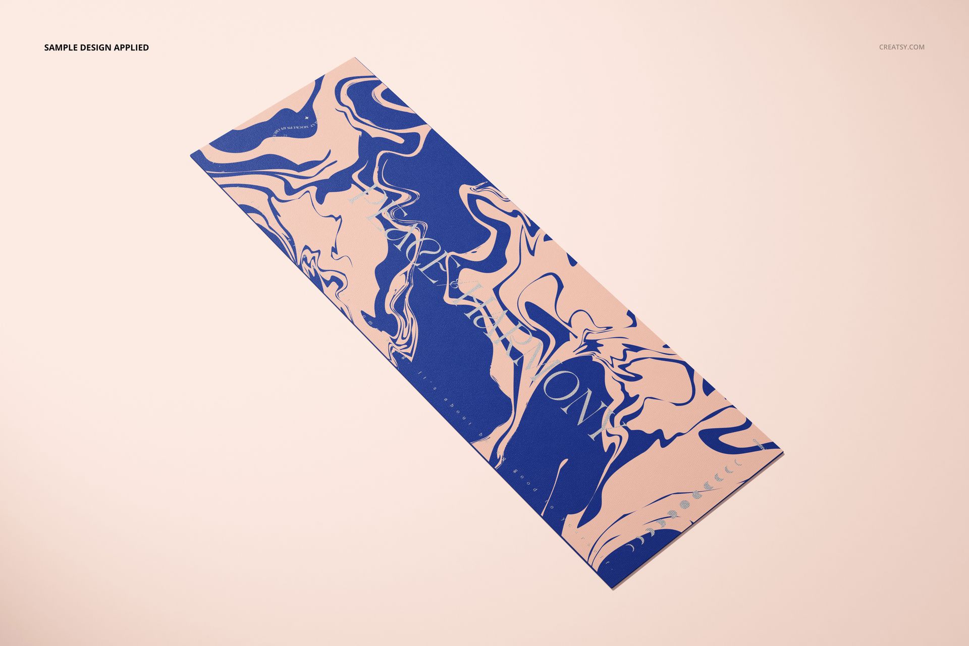 Yoga mat mockup featuring swirling blue and beige design, displayed diagonally on a neutral surface.