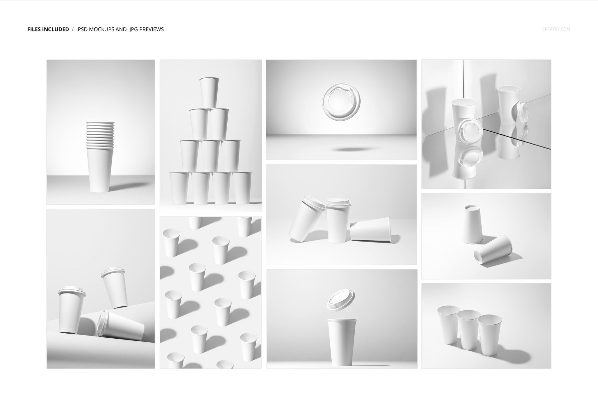 Collage of white paper cup mockups showing different setups, such as rows, stacks, and scattered cups with shadows.