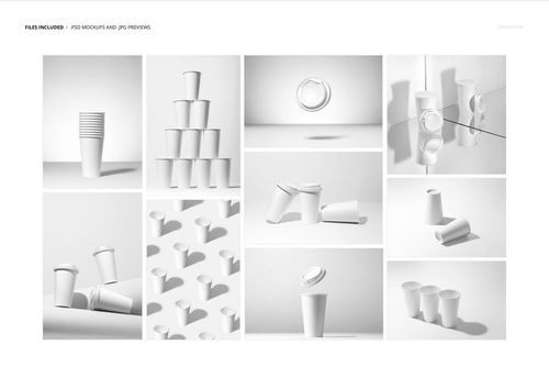 Collage of white paper cup mockups showing different setups, such as rows, stacks, and scattered cups with shadows.