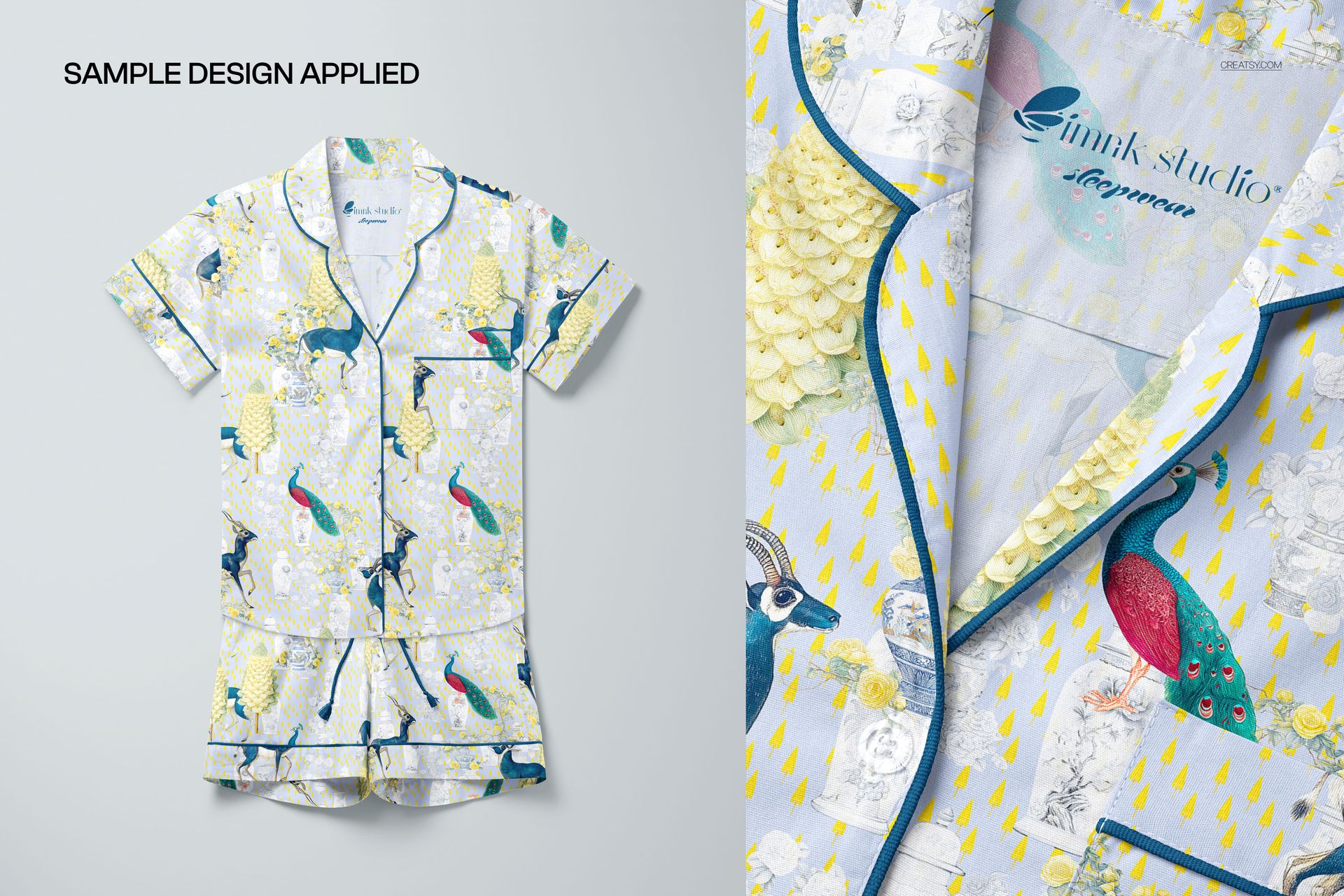 Short-sleeve pajama top and shorts mockup set with colorful bird and floral patterns, shown in front view and close-up.