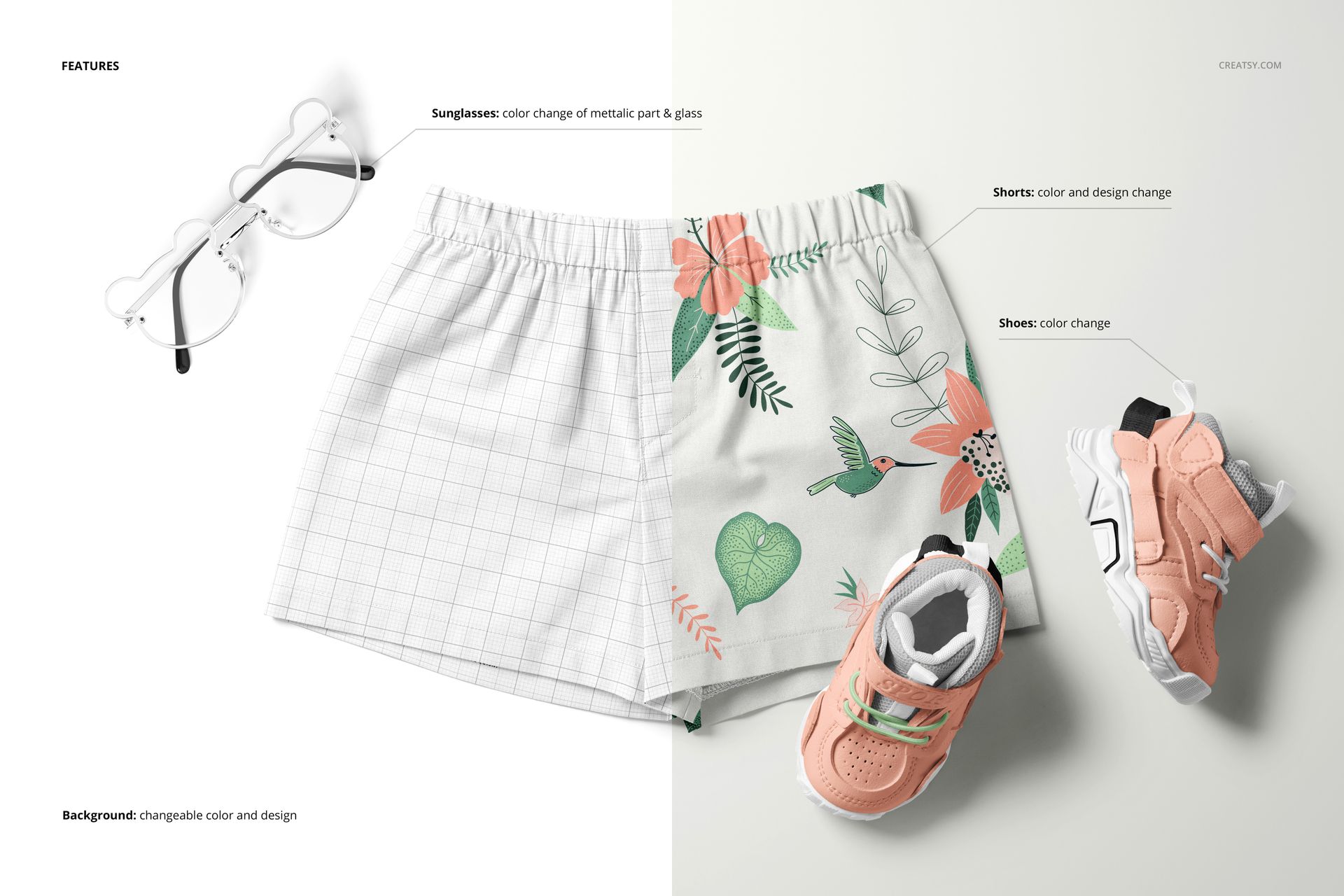 Front view of baby and kids shorts mockup with a floral pattern, placed beside peach sneakers and white sunglasses.