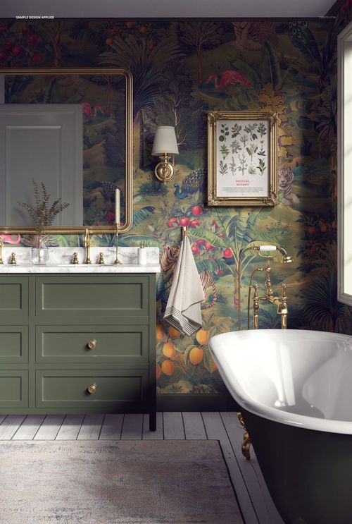 Front view of a vintage bathroom mockup featuring ornate wallpaper, marble countertop, and gold fixtures.