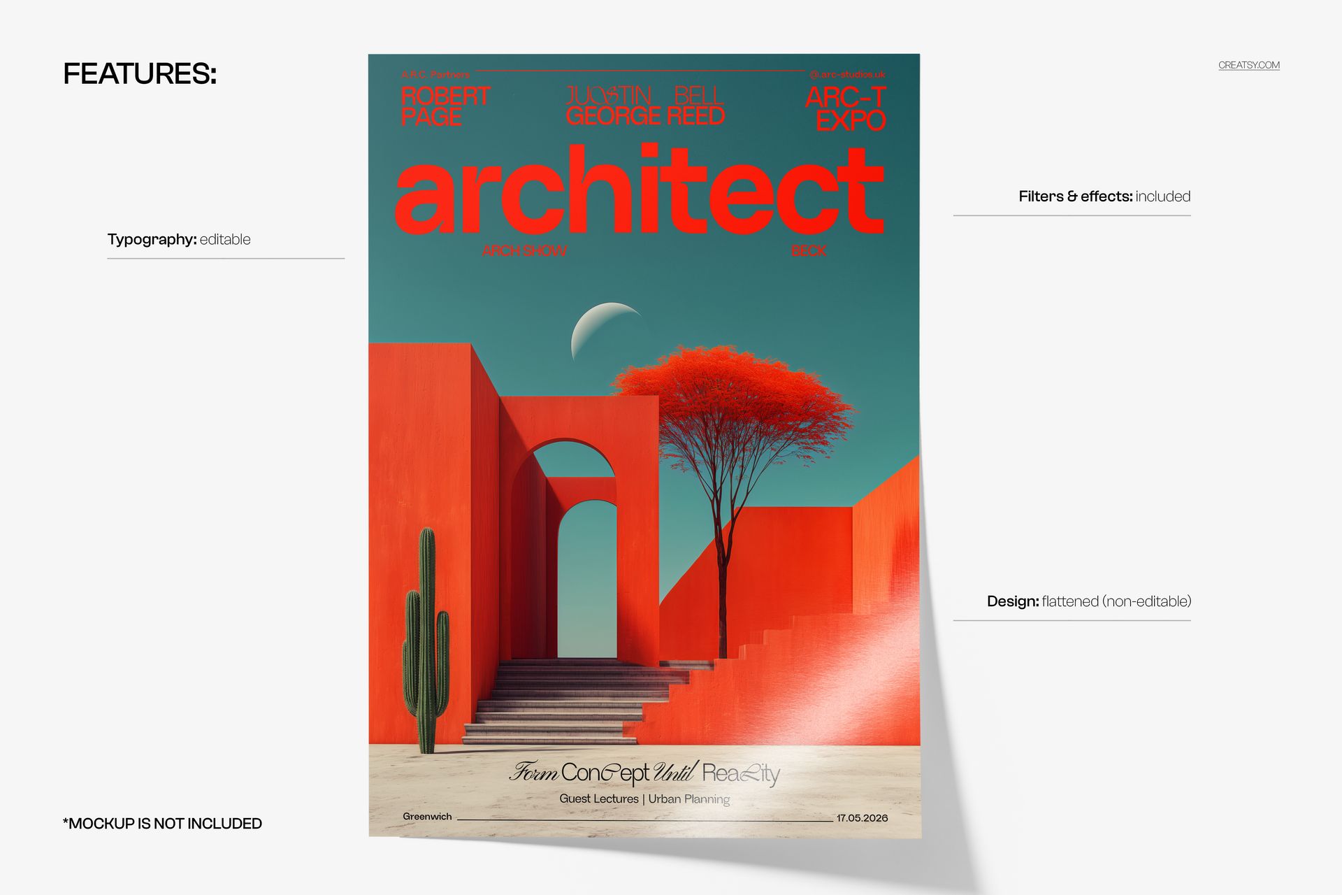 PSD mockup of a poster featuring bold red architectural shapes, archways, and a tree against a teal sky.