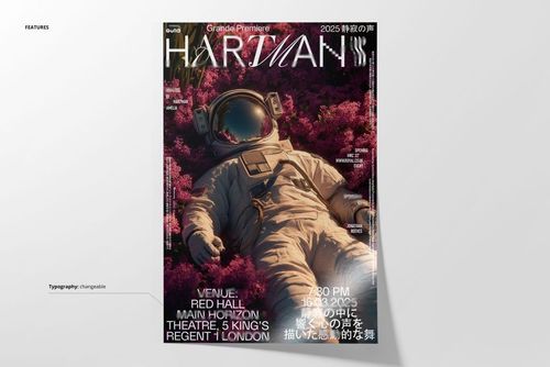 Celestial-themed PSD mockup poster featuring an astronaut in a spacesuit resting on bright magenta plants.