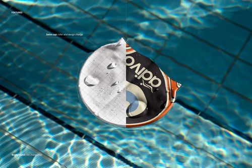 Swim cap mockup displayed above a swimming pool, showing a split design with water droplets and reflections.