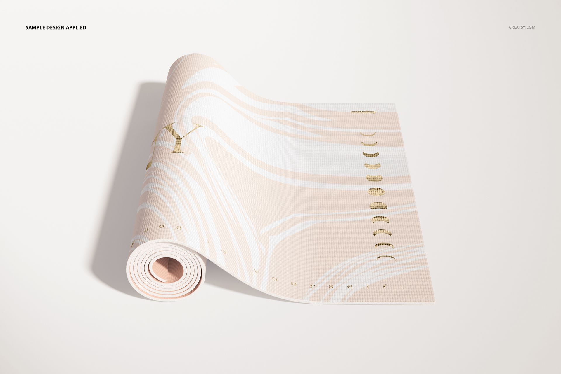 Rolled yoga mat mockup featuring a pale pink and white abstract pattern, shown from a front angled perspective on a plain surface.