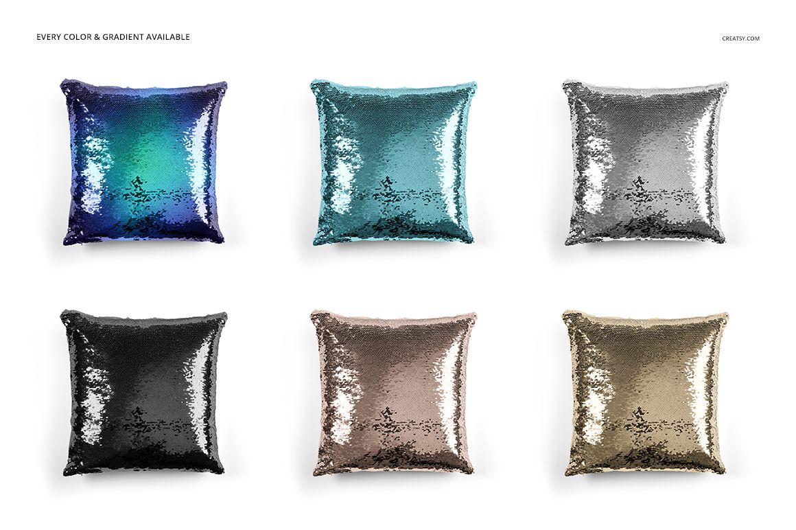 PSD mockup featuring six square sequin pillows with shimmering surfaces in different colors on a plain backdrop.