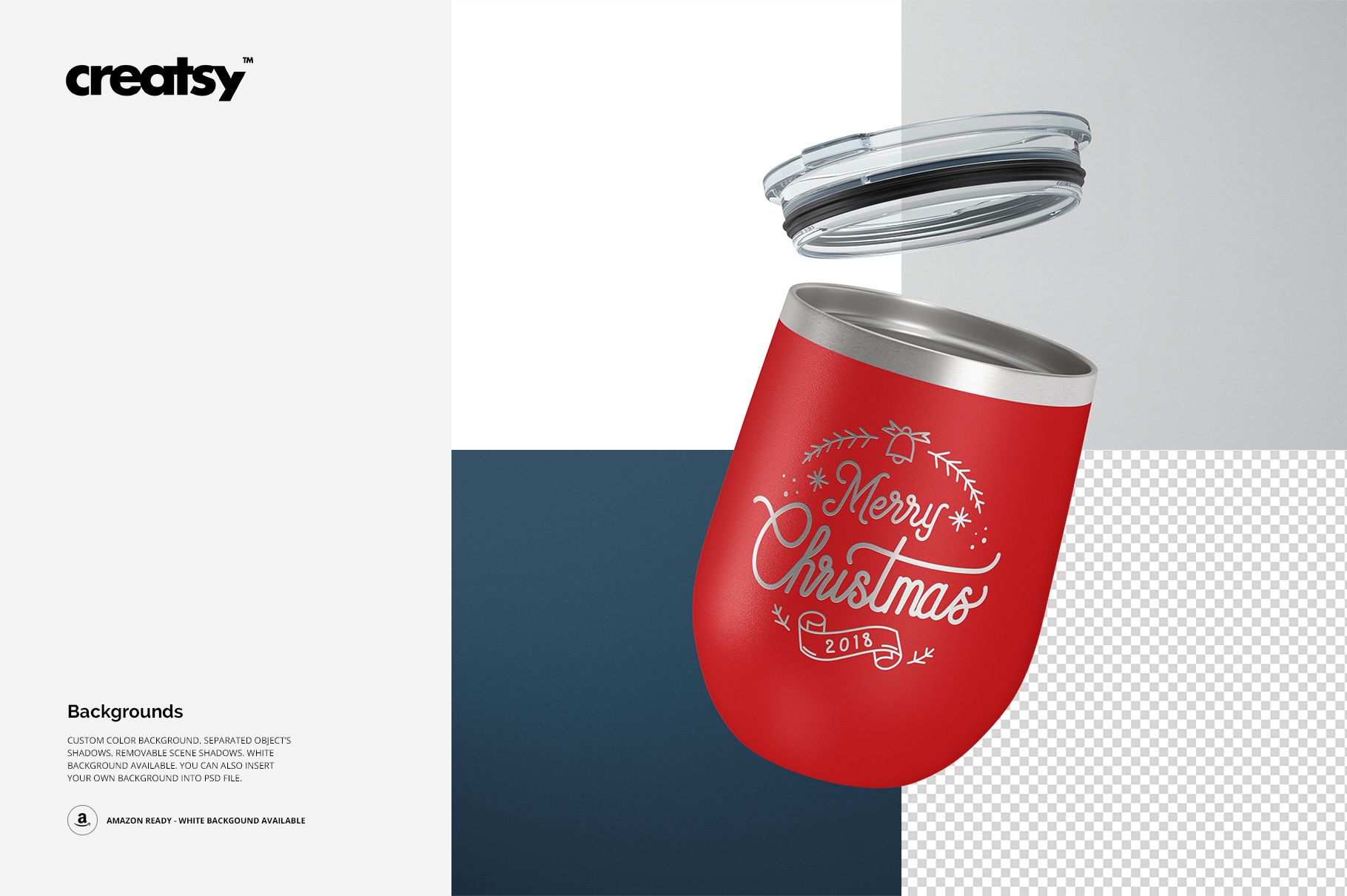 Stemless wine cup mockup with a red matte finish, white Christmas design, and transparent lid shown floating above.