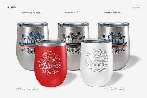 Five stemless wine cups arranged in a row, featuring various printed and engraved designs on stainless steel and a red powder-coated cup.