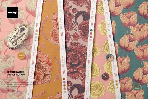 Cotton fabric sample mockup showing four rectangular swatches with floral patterns in pink, orange, and teal tones.