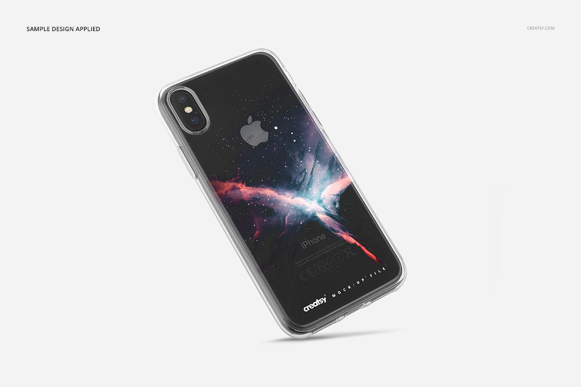 Clear iPhone X case mockup displayed on a black phone, featuring a cosmic pattern with bright nebula colors.