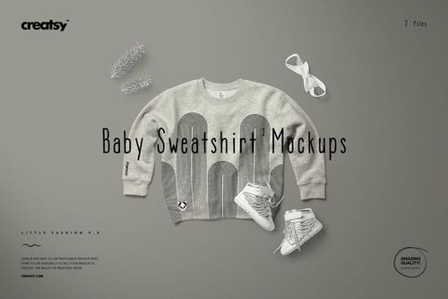 Front view of a heather baby sweatshirt mockup with geometric arches, laid out with shoes and decorative props.