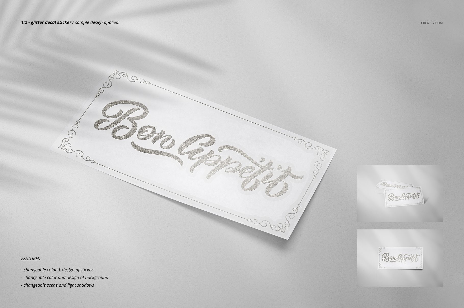 Mockup of a rectangular sticker featuring metallic text, placed on a neutral surface with subtle shadow effects.