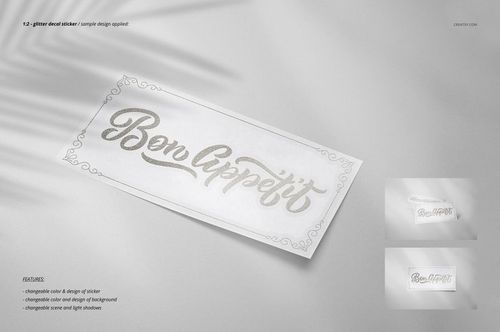 Mockup of a rectangular sticker featuring metallic text, placed on a neutral surface with subtle shadow effects.