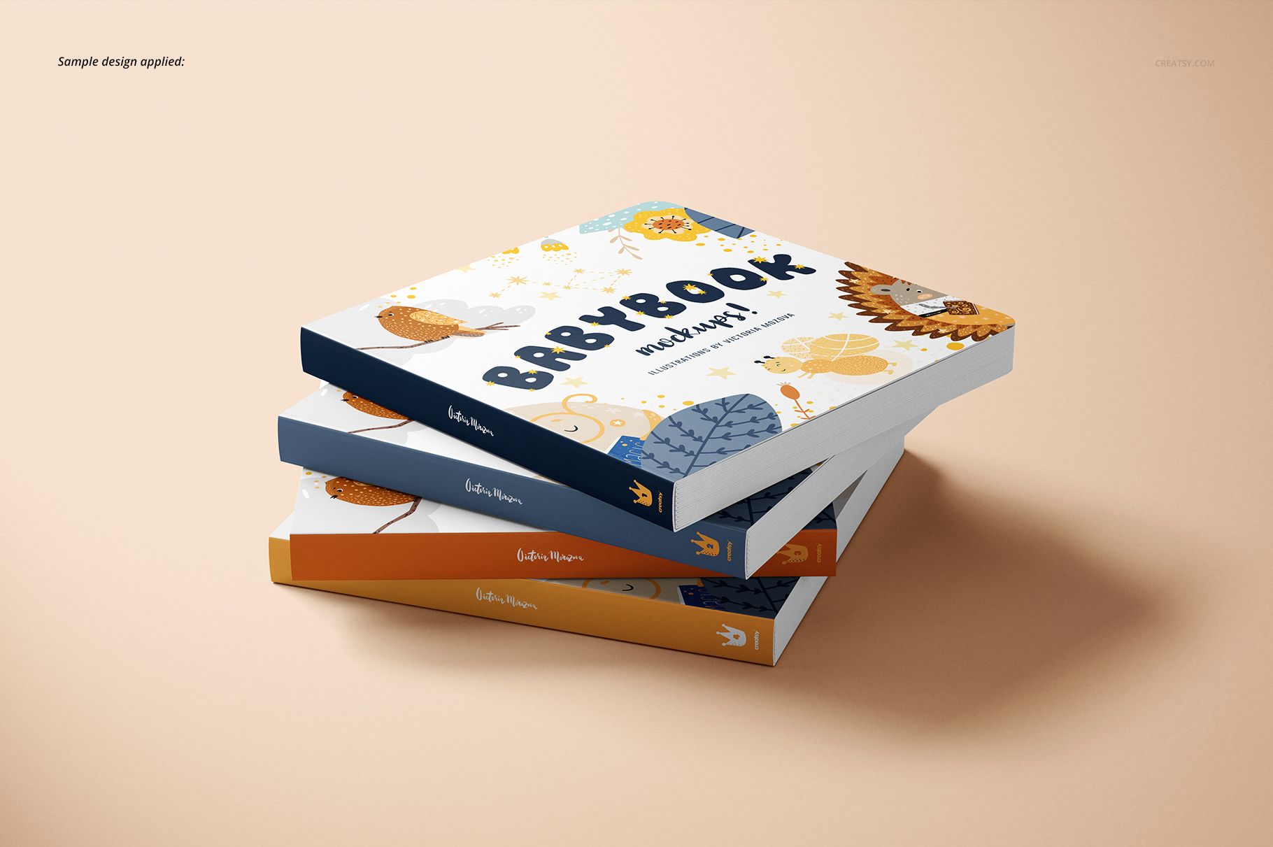 PSD mockup of square cardboard baby books featuring playful designs, viewed from an angled side perspective on a light surface.