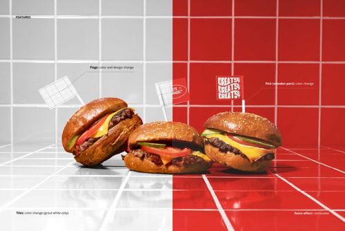 Burger trio PSD mockup showing editable flag designs and color options on a glossy tiled surface, front perspective.
