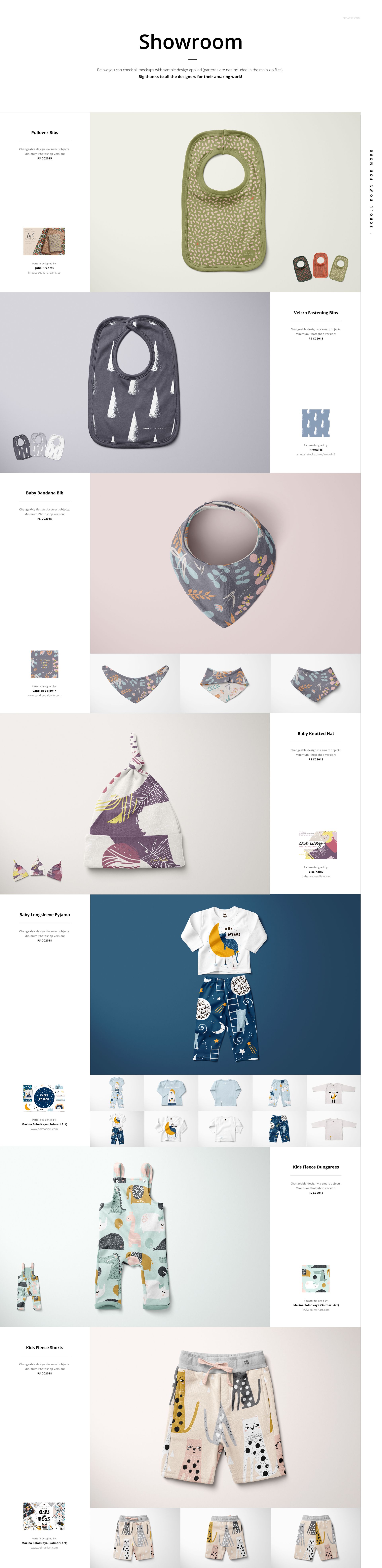 Collection of kids essentials including bibs, baby bottles, t-shirts, and pants displayed in a mockup bundle.
