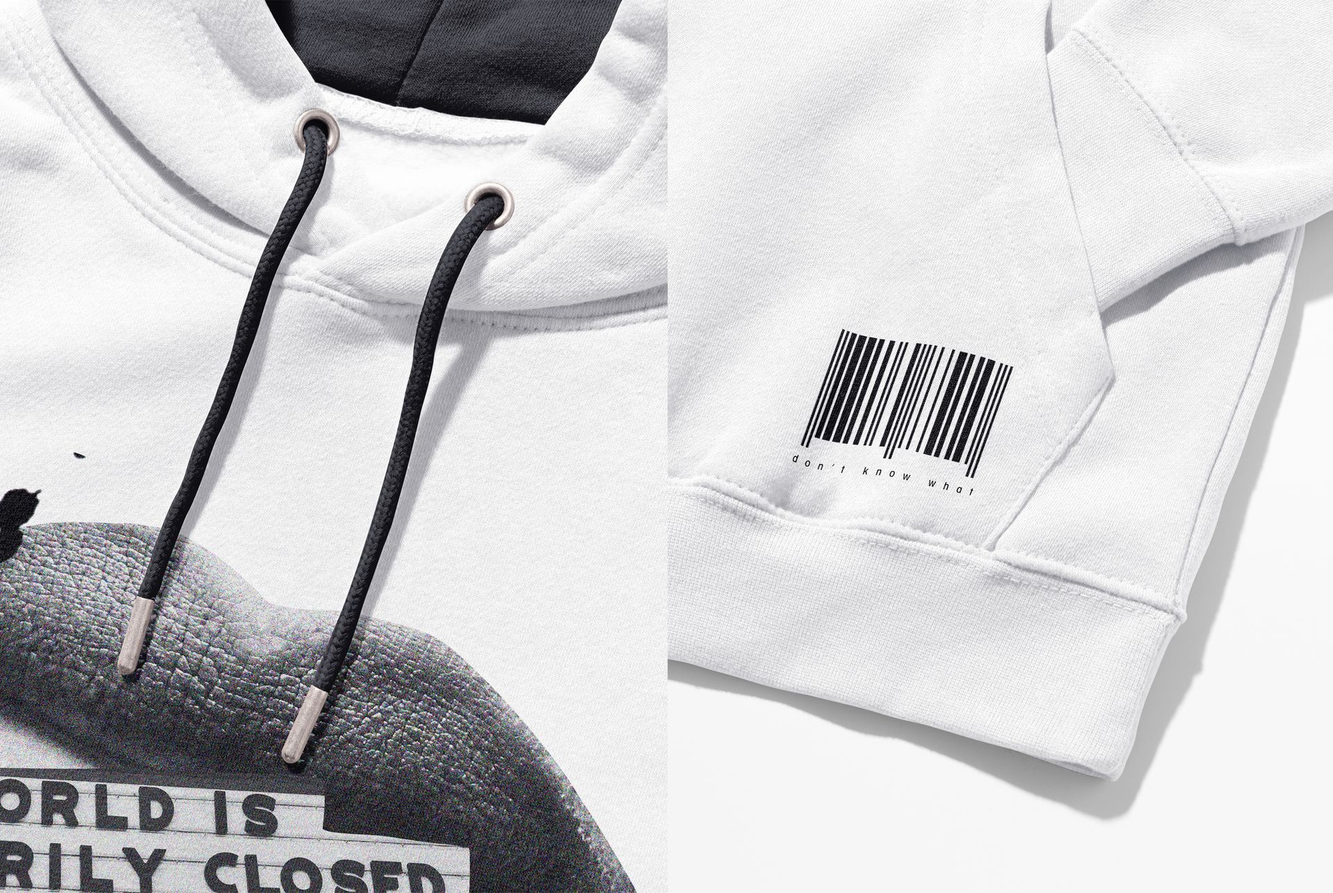 White hoodie mockup shown in split view, featuring black drawstrings and printed graphics on the front and sleeve.