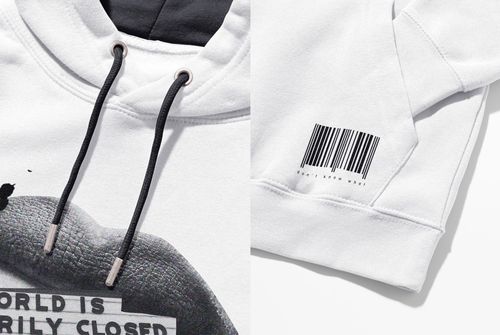 White hoodie mockup shown in split view, featuring black drawstrings and printed graphics on the front and sleeve.