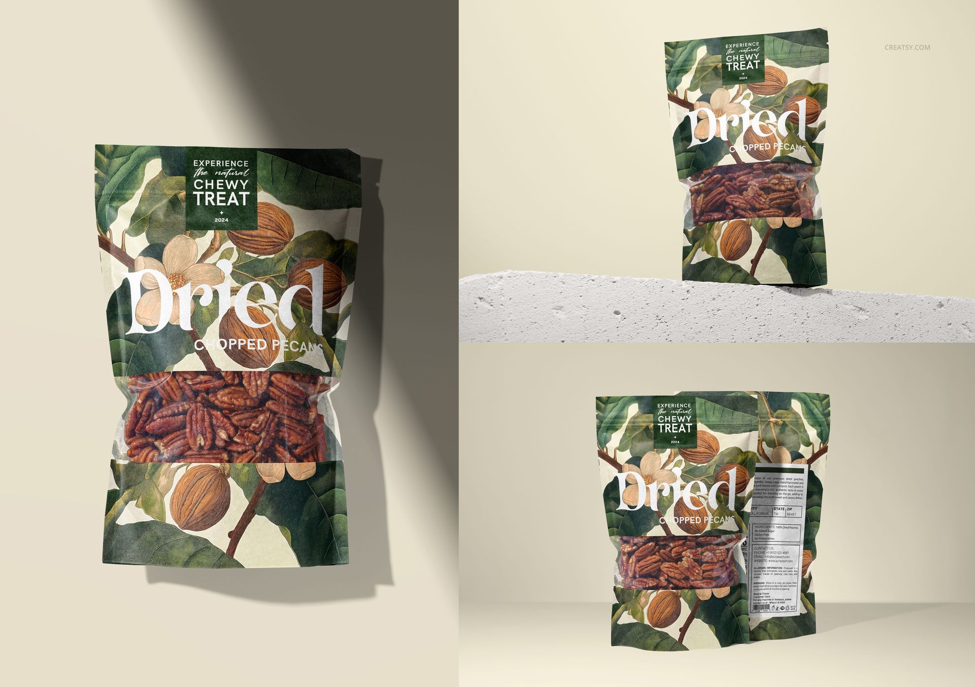 Three perspectives of a chopped pecans paper pouch mockup, showing natural textures and realistic lighting.